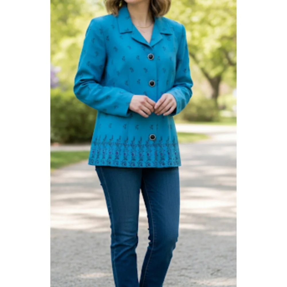 Leslie Fay Teal Blazer, Small Floral Prints, 16, GUC✔️
